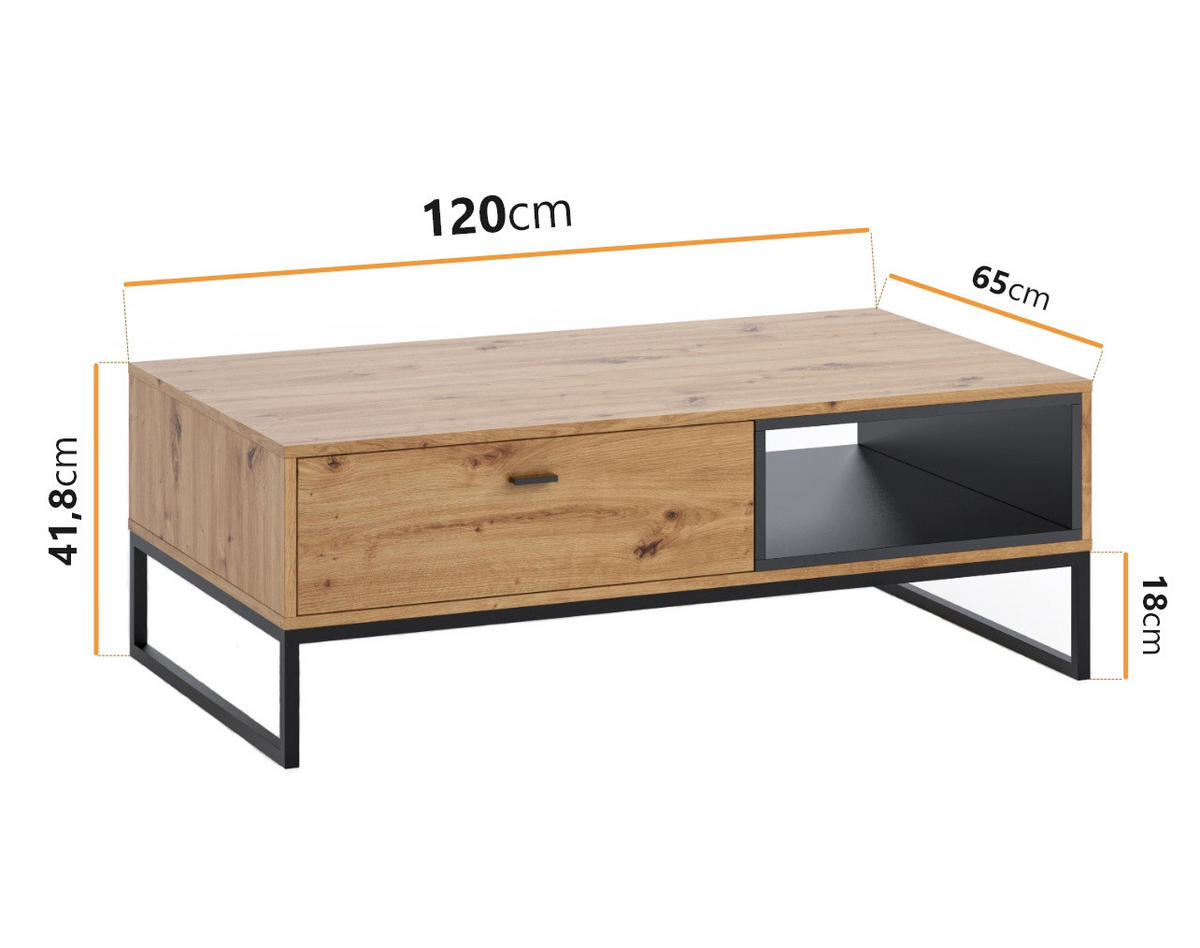 COUCHTISCH Randy 120/65/42 Artisan Eiche - Schwarz/Eiche Artisan, Holzwerkstoff/Kunststoff (65/120/41cm) - Ravio