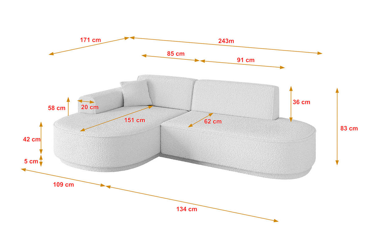 ECKSOFA Ottomane Links MARI-L1-v3 - 243x171x83 cm Weiß Bouclé - Schwarz/Weiß, Holzwerkstoff/Kunststoff (243/171cm) - ALTDECOR