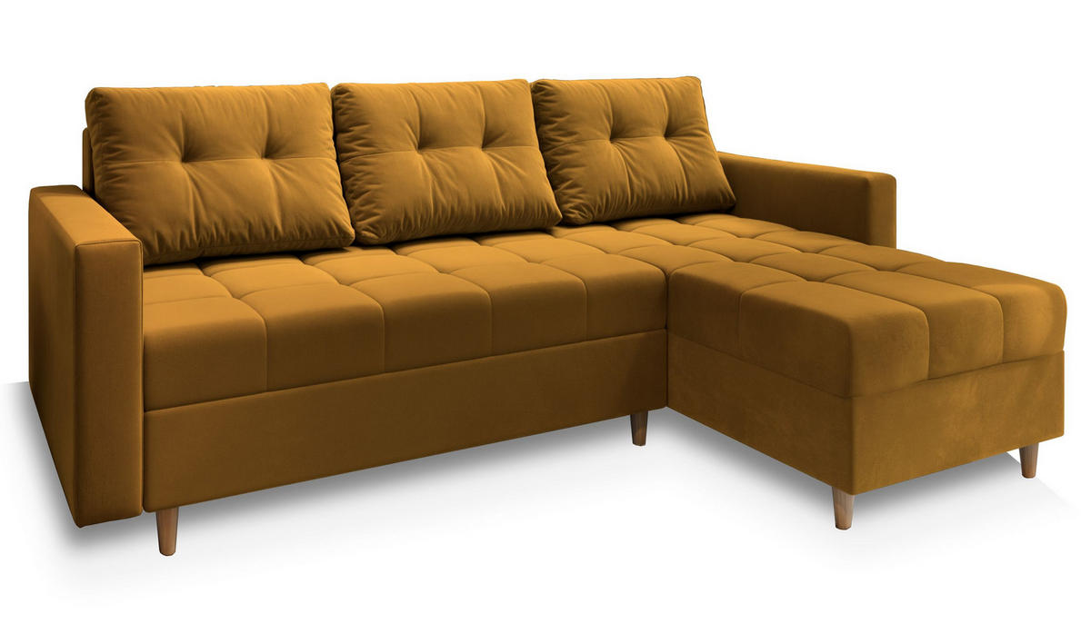 ECKSOFA MILO L Gelb Plüsch-Stoff mit Schlaffunktion - Gelb, Holz (220/140cm) - MASSENO