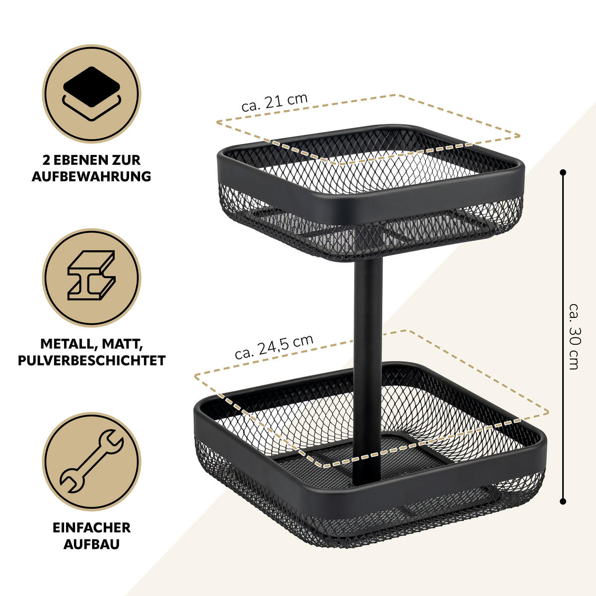 OBSTETAGERE, eckig, 2-stöckig, Ø 20 cm und 25 cm, schwarz, Metall - Schwarz, Metall (30cm) - eluno