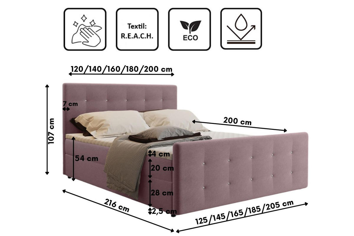 BOXBETT Mit Bettkasten Matratze Topper AMOR Rosa 200x200 cm H3-Bonell - Rosa, Holz/Textil (200/200cm) - Kaiser Möbel