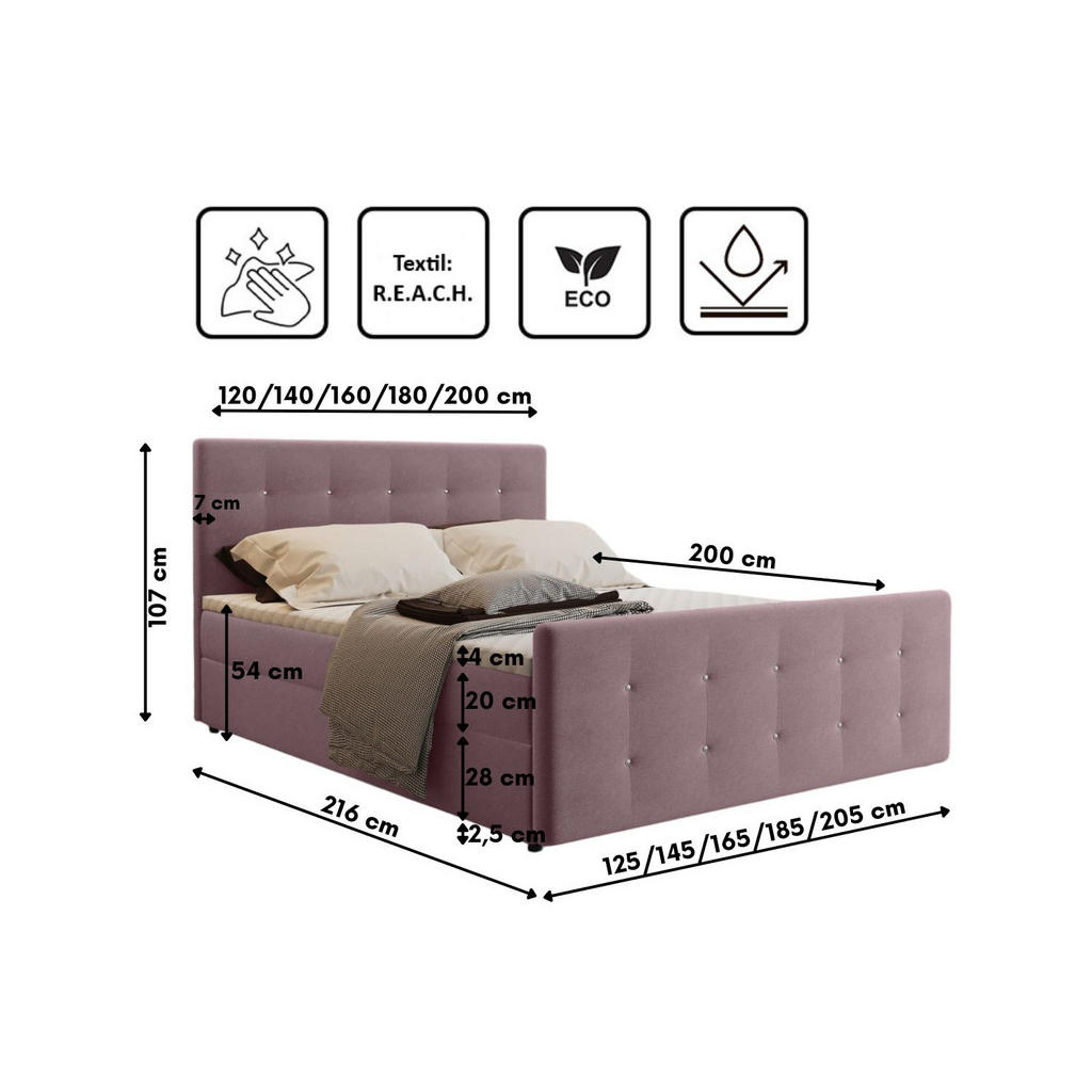 Thumbnail - Kaiser Möbel Boxbett, Rosa, Textil, H3, Höhe ca. 20 cm, 200x200 cm, Oeko-Tex® Standard 100, Schlafzimmer, Betten, Boxspr...