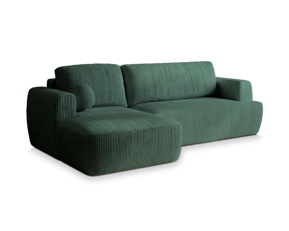 ECKSOFA SENTI P L-S Grün Kordstoff mit Schlaffunktion - Grün, Holz (246/148cm) - MASSENO