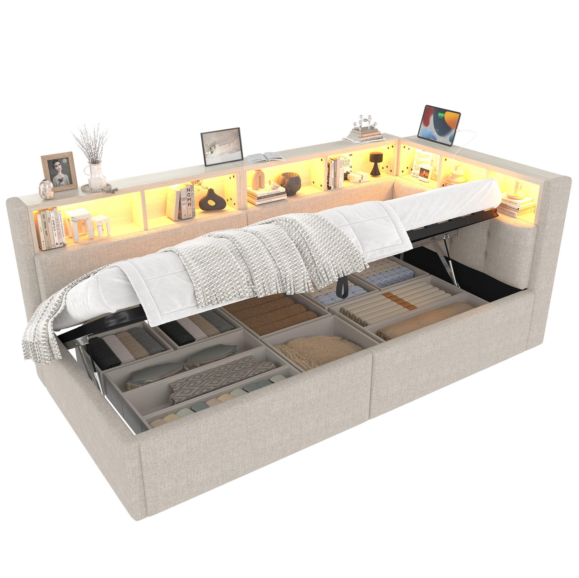 DENNÁ posteľ 90/200 cm béžová z ľanu a MDF s LED osvetlením, úložným priestorom a USB/USB-C - béžová, textil (90/200cm) - OKWISH