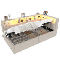 DENNÁ posteľ 90/200 cm béžová z ľanu a MDF s LED osvetlením, úložným priestorom a USB/USB-C - béžová, textil (90/200cm) - OKWISH