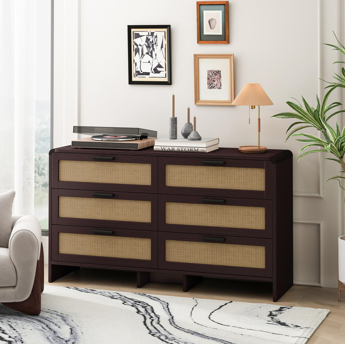 SCHUBLADENKOMMODE 130/40/74 cm mit 6 Schubladen und Rattanfronten – in Rötlichbraun - Braun, Holzwerkstoff (130/74/40cm) - BEAOK