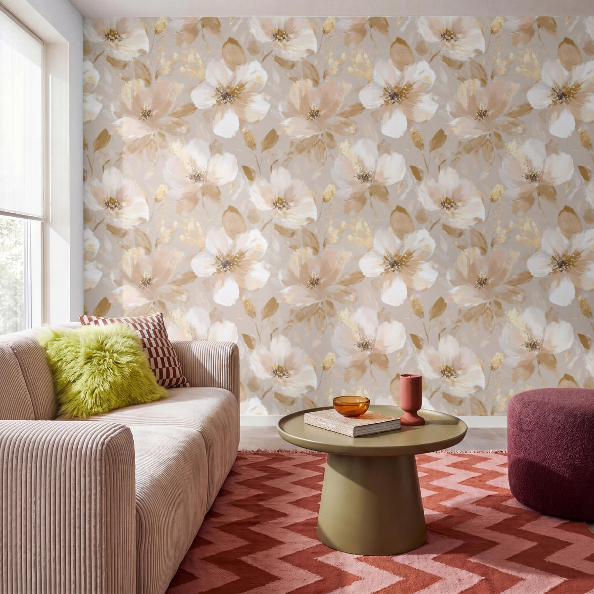 TAPETE - Blumen - künstlerisch - Gold - 280x240 cm - Beige, Papier (280/240cm) - OnlyWow