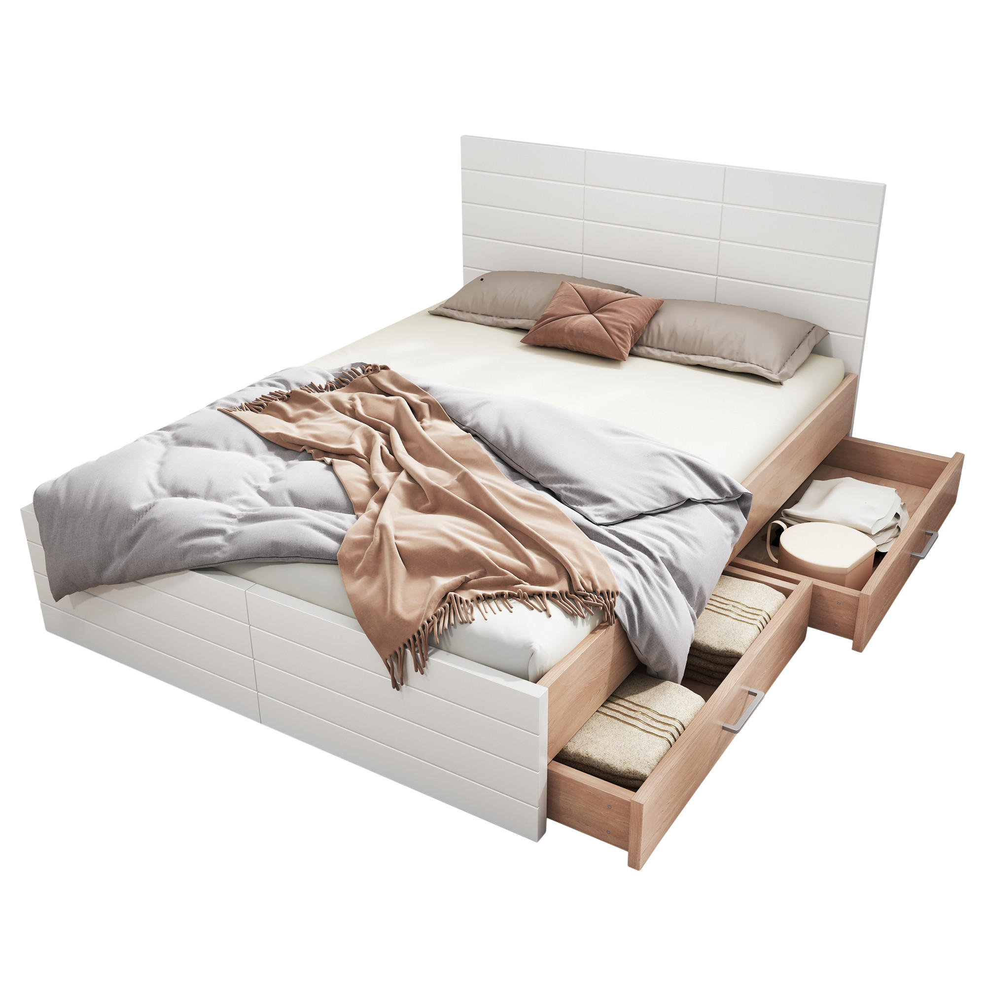 STILVORA POSTEL 180 × 200 cm, bílá a dubová, 2 zásuvky, úložný prostor, masivní dřevo a MDF