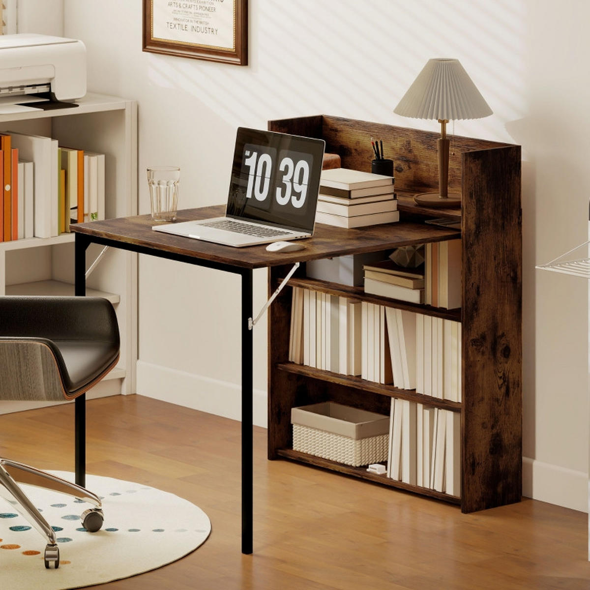 ESSTISCH 80/90/93 cm Rustic Brown klappbar mit 3 Regalen aus Holz - Braun, Holz (90/80/93cm) - OKWISH