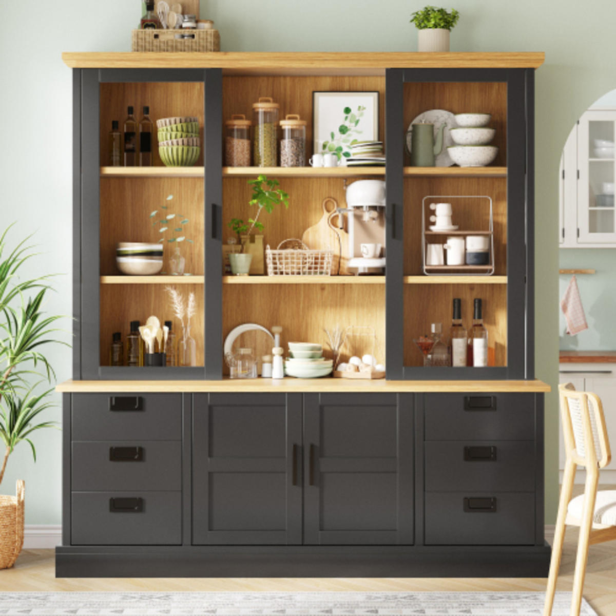 KÜCHENHOCHSCHRANK Schwarz aus MDF und Metall mit Glastüren & sechs Schubladen 140×40×185 cm - Schwarz, Holzwerkstoff (140/185/40cm) - Luhomfu