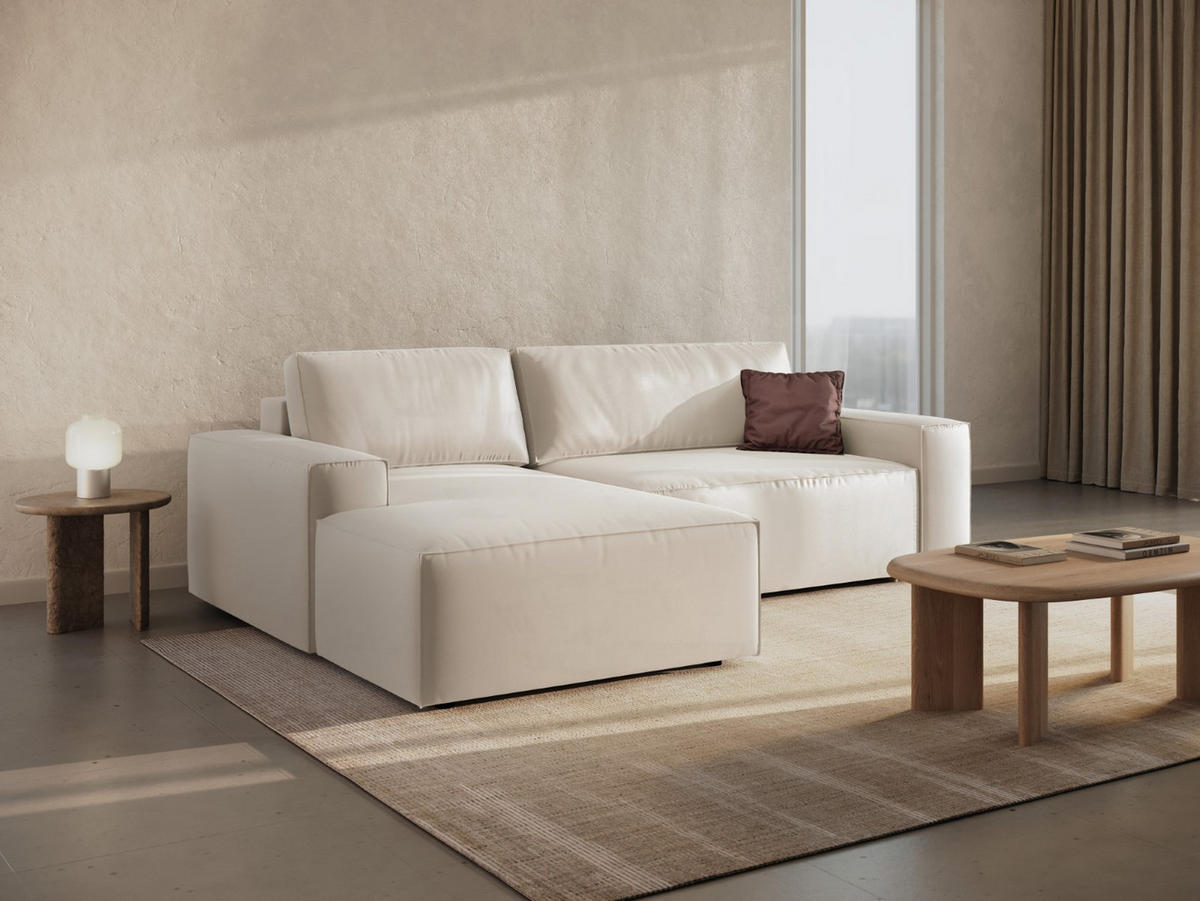 ECKSOFA ausklappbar links mit Container Jodie aus Samt leichtes beige 3 Sitzplätze - Creme, Textil (246/151cm) - Micadoni