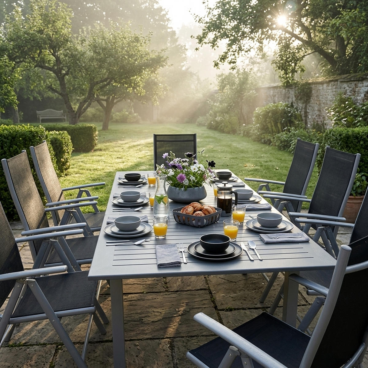 GARTEN-GARNITUR Ashford - 9-teilige Garten-Essgruppe (8x Klappsessel mit Aluminiumgestell grau, Bespannung Textilene schwarz - Schwarz, Metall - TPFGarden
