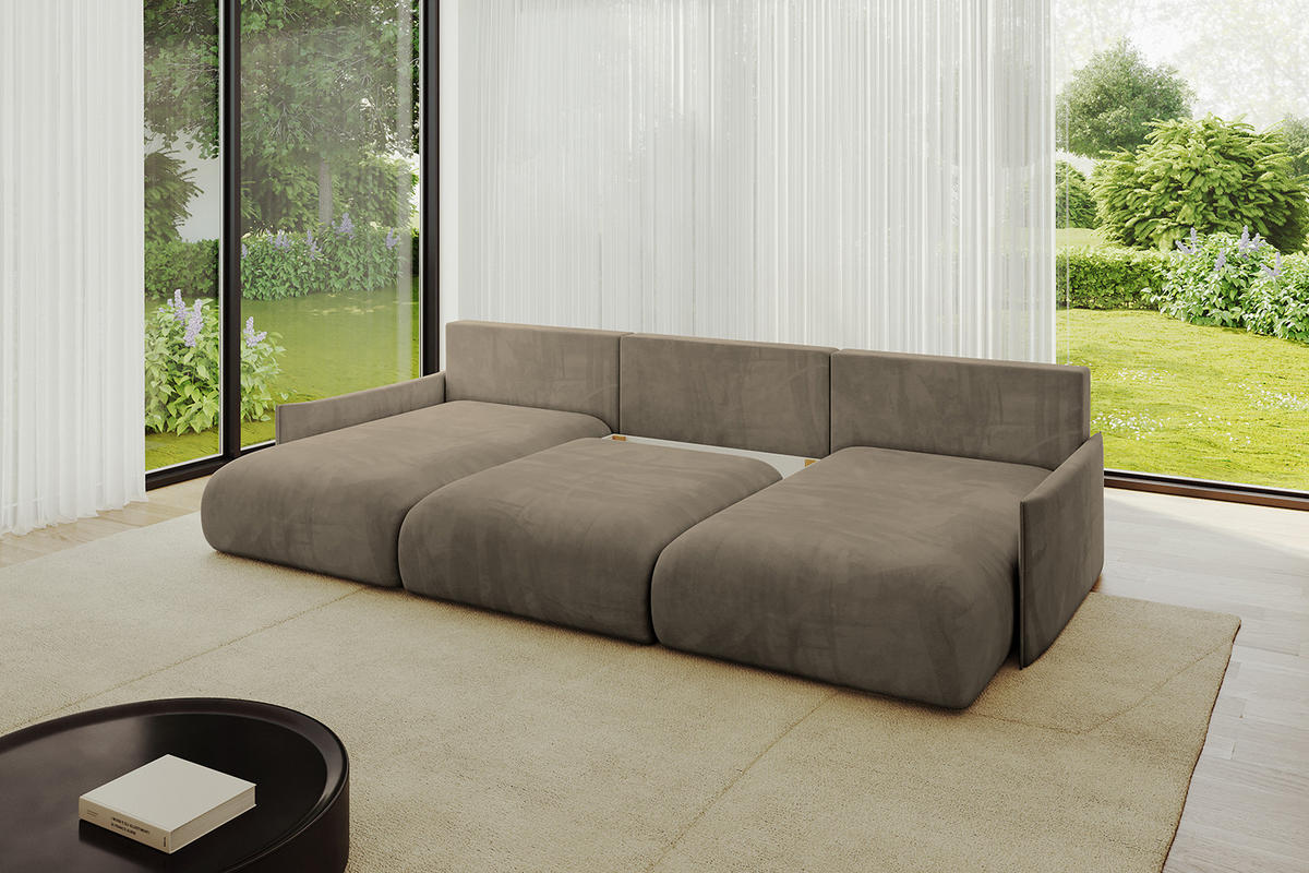 WOHNLANDSCHAFT mit Schlaffunktion und Bettkasten ONESK-U-v1 317x177x72 Braun Velours - Braun, Holzwerkstoff/Kunststoff (317/72/177cm) - ALTDECOR