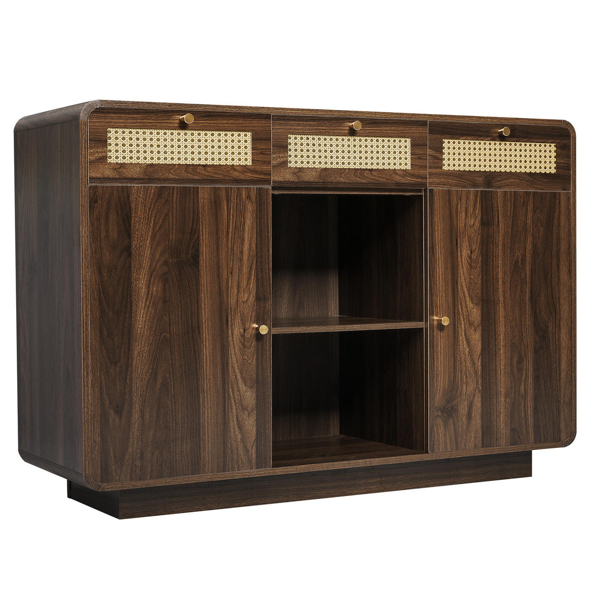 SIDEBOARD Nussbaum, Rattanfronten, Goldgriffe 3 Schubladen, 2 Schränke, Höhenverstellbare Einlegeböden - Walnussfarben, Holzwerkstoff (120/85/40cm) - Urban Meuble