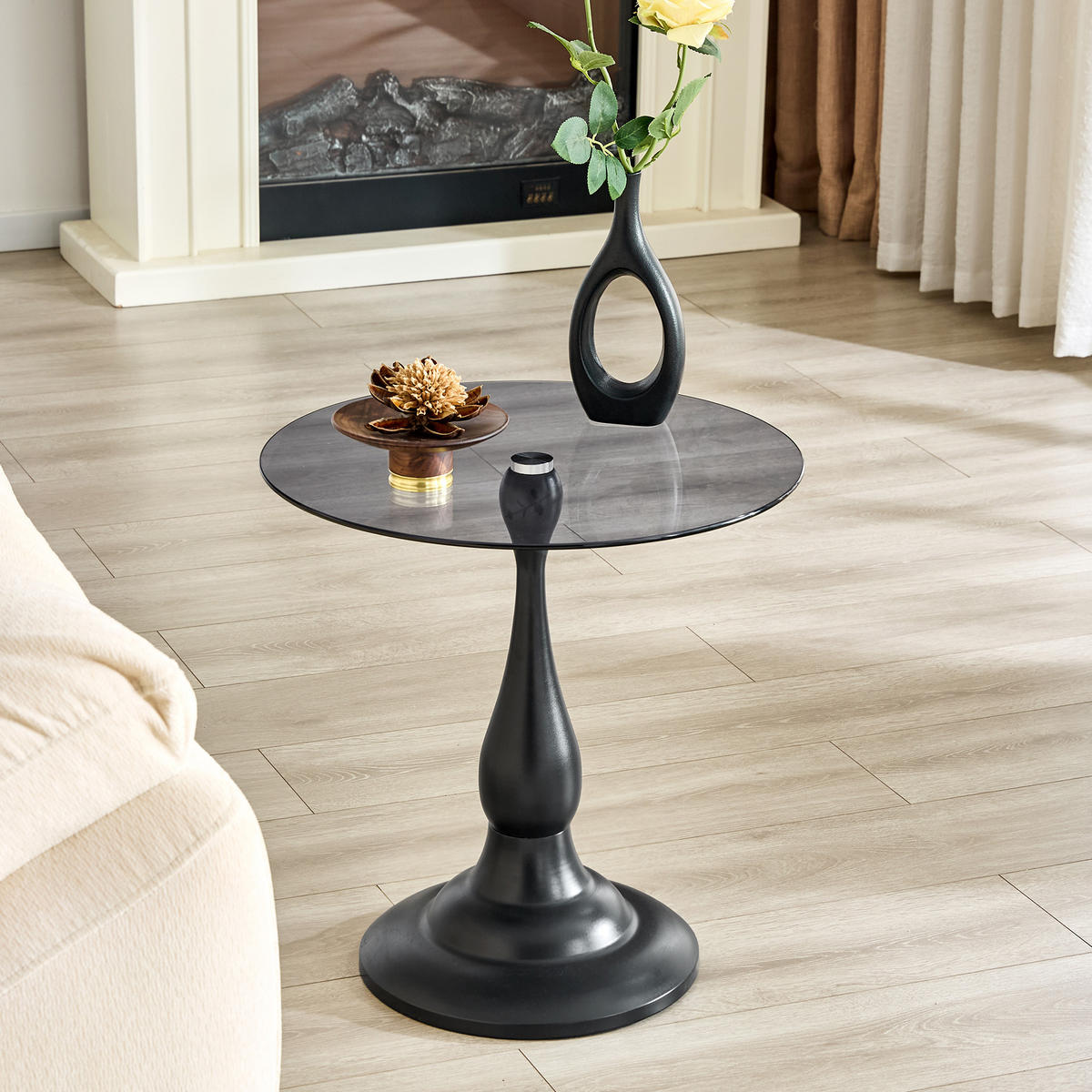 BEISTELLTISCH DE-37360 rund mit Glasplatte und geschwungenem Sockel Schwarz - Schwarz, Metall (50/50/51.5cm) - ComfortXL