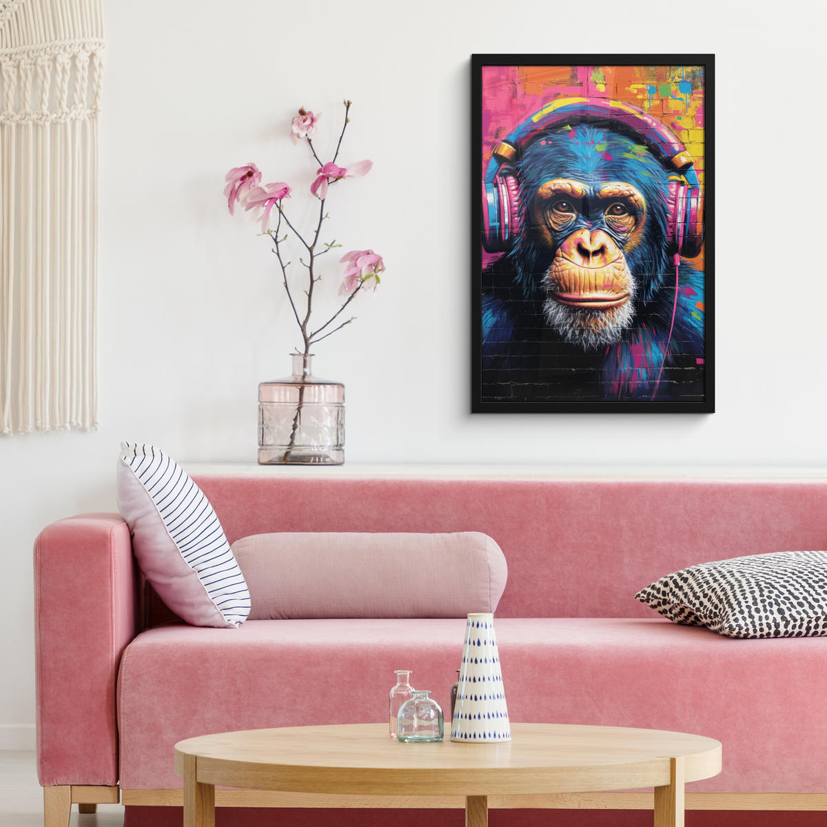 GERAHMTES BILD Graffiti - Schimpanse - Straßenkunst - Kopfhörer - Affe 40x60 cm - Blau, Papier (40/60cm) - MuchoWow