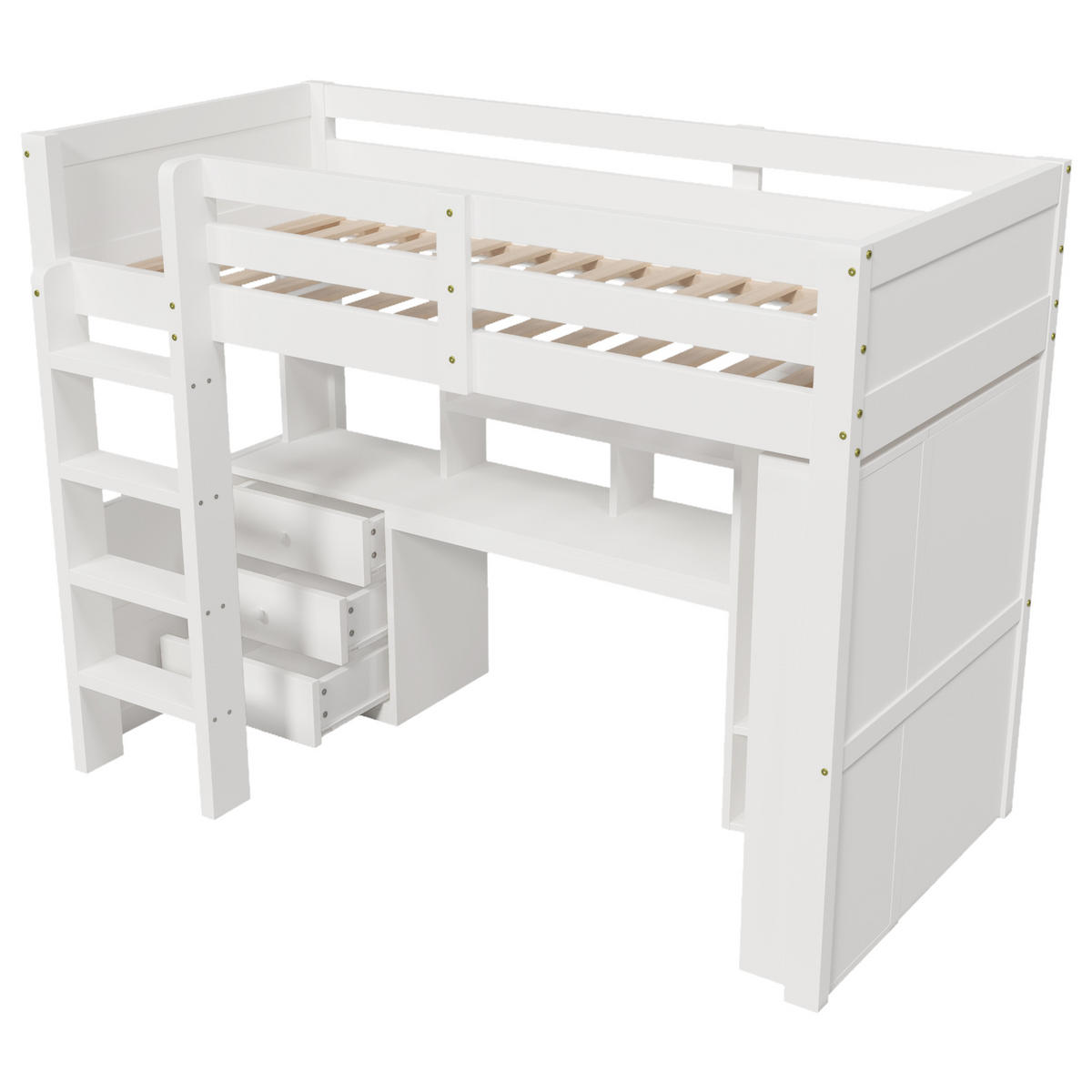HOCHBETT 90/200 cm in Weiß mit LED, Kleiderschrank, Schreibtisch und 3 Schubladen - Weiß, Holz/Holzwerkstoff (90/200cm) - WISHDOR