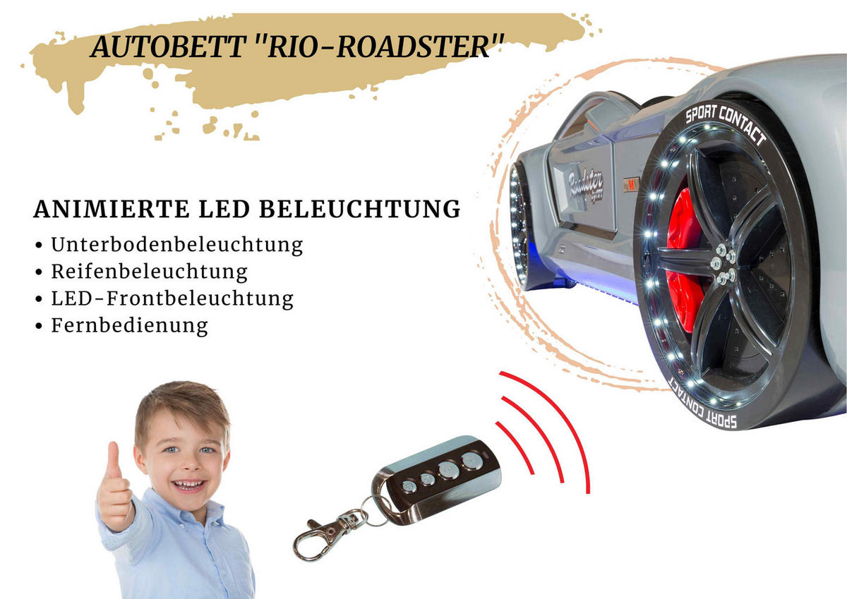 AUTOBETT Roadster Silber Kinderbett LED Sound Sportsitze Lattenrost Spoiler - Silberfarben/Schwarz, Holzwerkstoff/Kunststoff (90/190cm) - Aileenstore
