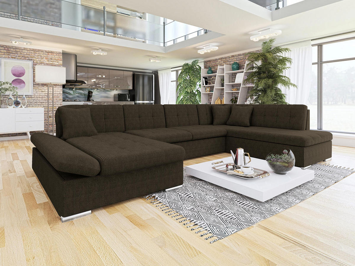 WOHNLANDSCHAFT Bergen Cord, Seite: Links - Silberfarben/Nussbaumfarben, Holz/Textil (345/76/205cm) - MIRJAN24