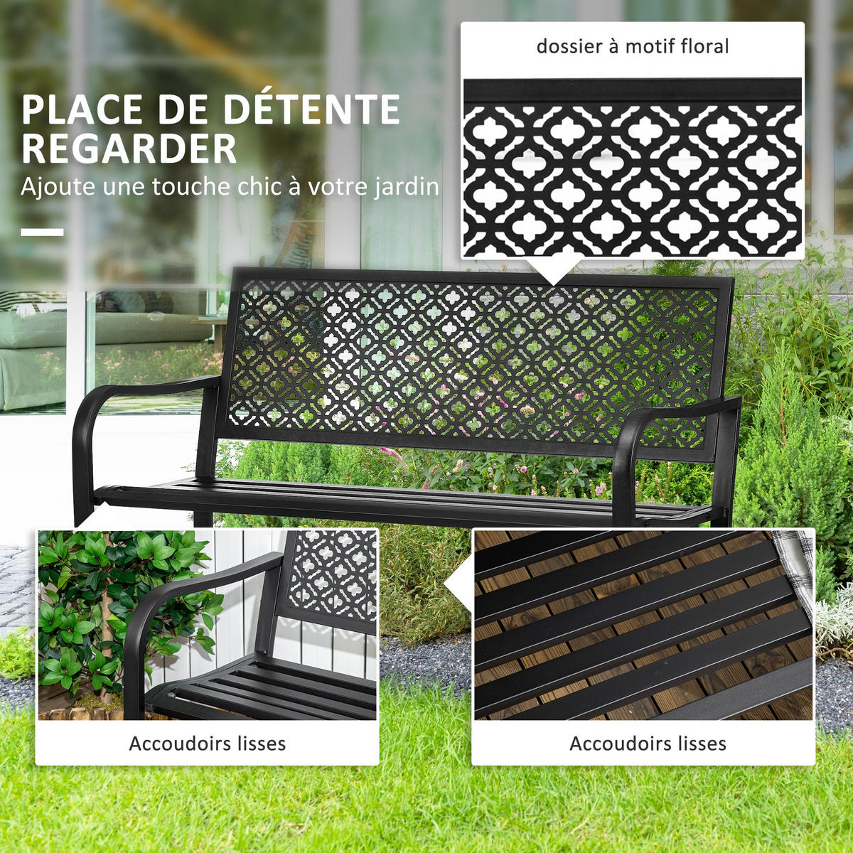 GARTENBANK DE-17779 mit floralem Muster Schwarz - Schwarz, Metall (127/83/63cm) - ComfortXL