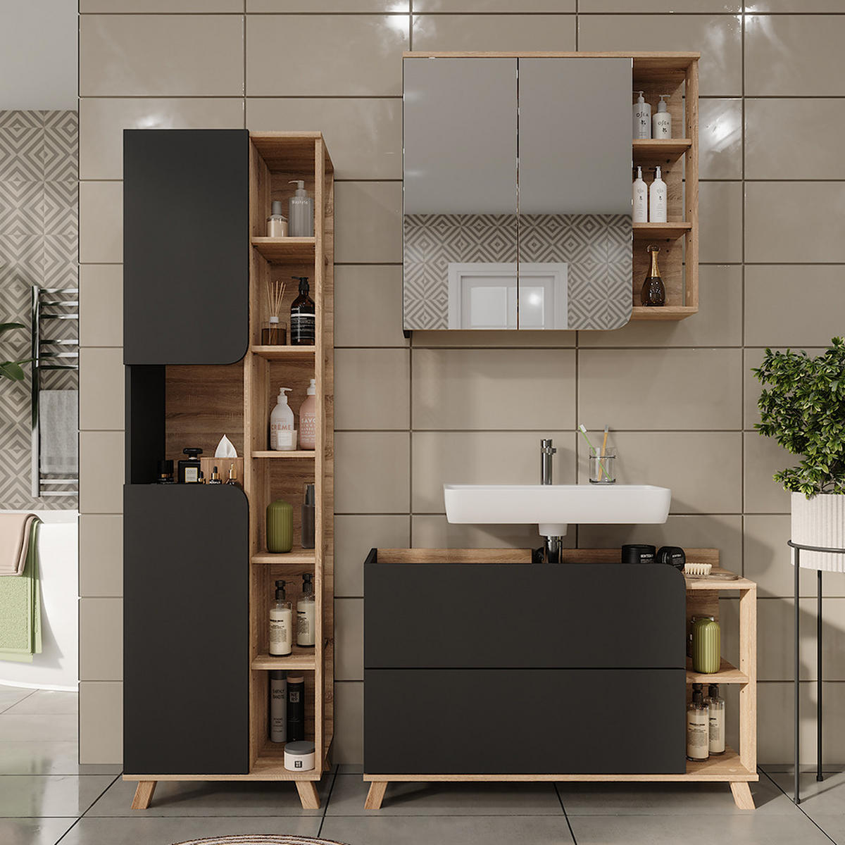 BADMÖBEL-SET Karen Sonoma/Anthrazit 3 Teile - Anthrazit, Holzwerkstoff (100/65/35cm) - Vicco