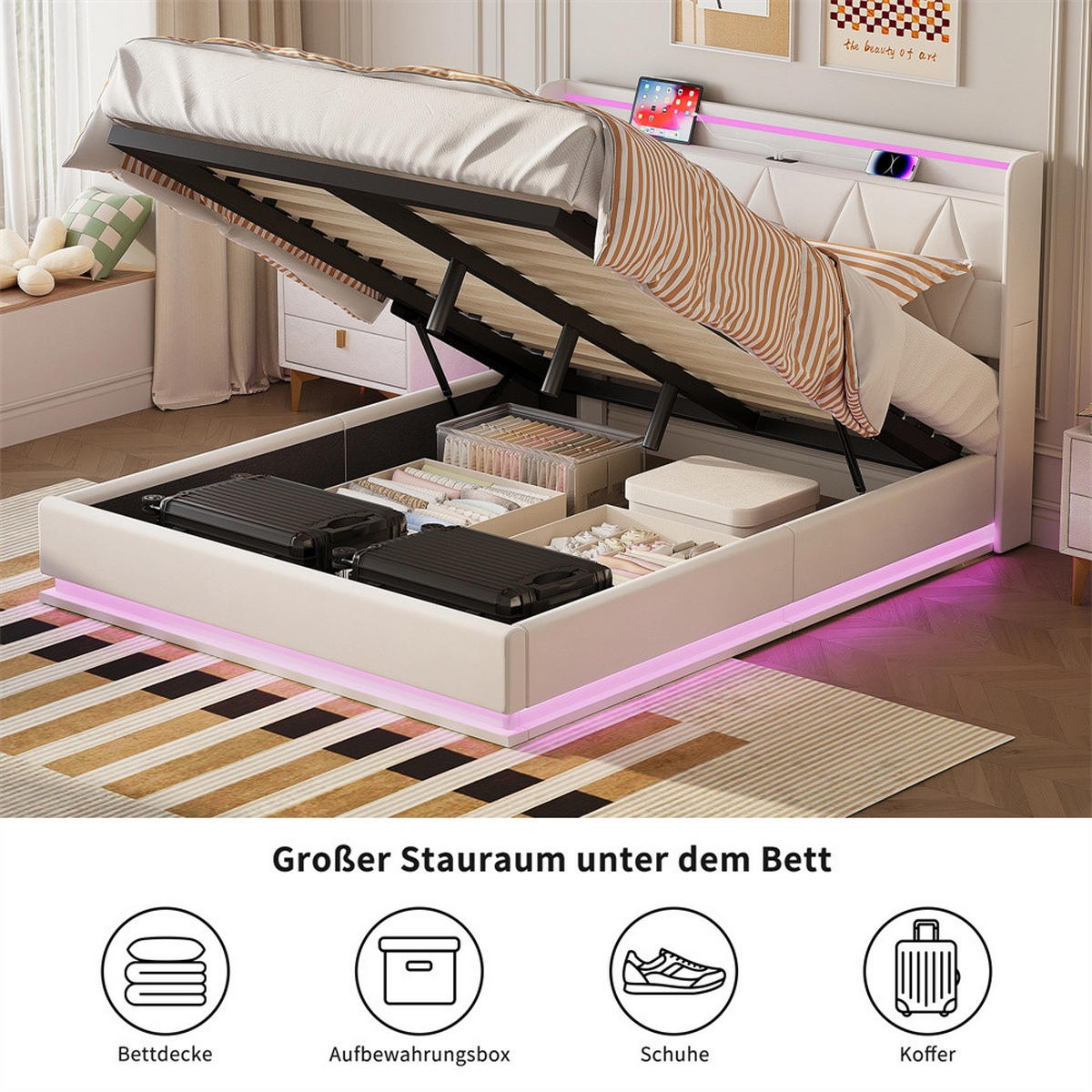 POLSTERBETT 140x200 cm - Hydraulisches Stauraumbett mit LED-Beleuchtung und USB-Ladeanschluss - ohne Matratze - Weiß - Weiß, Textil (140/200cm) - DELFA