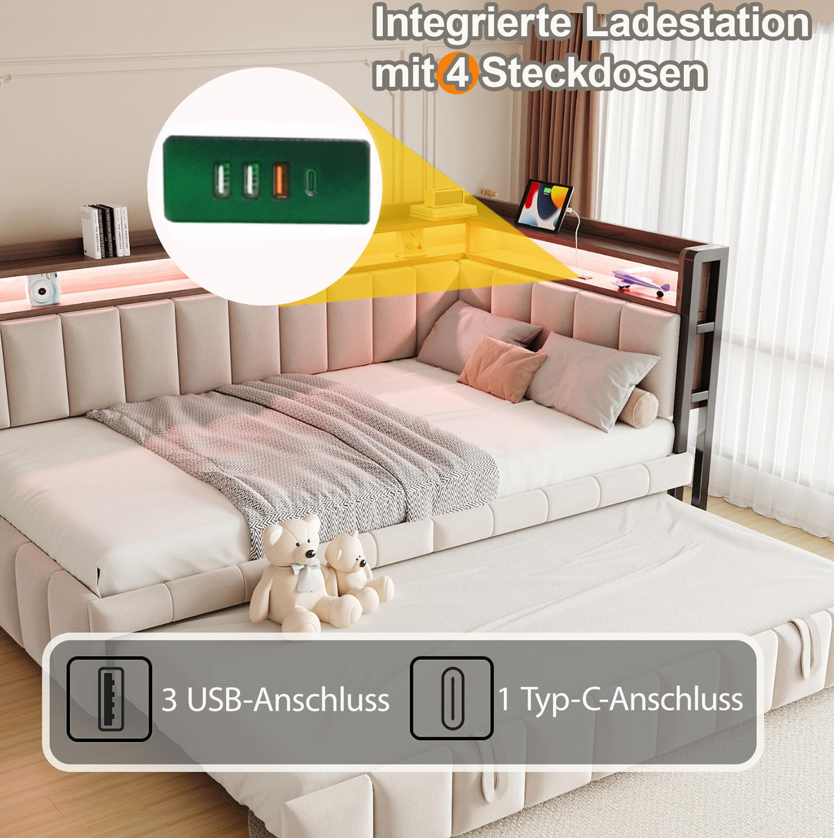 POLSTERBETT Schlafsofa Samt 90x200 cm Beige mit Ausziehbett, LED-Beleuchtung, USB- und Typ-C-Anschlüssen - Beige, Textil (90/200cm) - Modfu