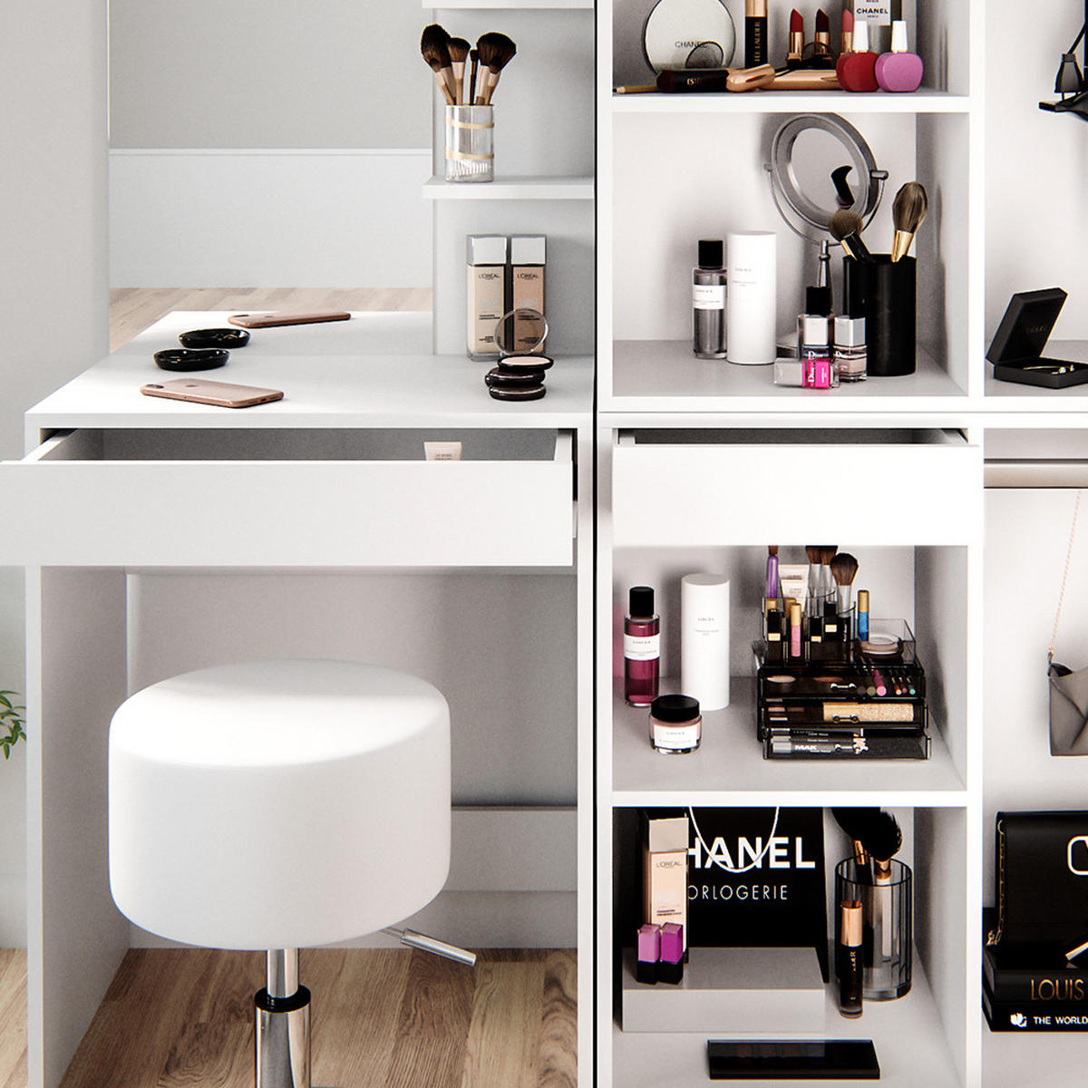 SCHMINKTISCH Isabelle Weiß 60 cm mit Hocker und Schrank - Weiß, Holzwerkstoff (60/140/40cm) - Vicco