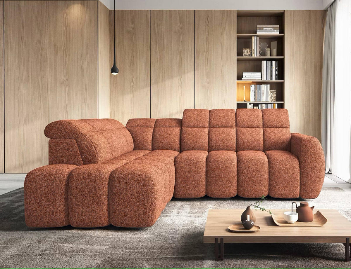 ECKSOFA mit elektrischem Sitzvorschub, Bettkasten und verstellbare Kopflehnen - Orange, Naturmaterialien/Textil (258/208cm) - Eltap