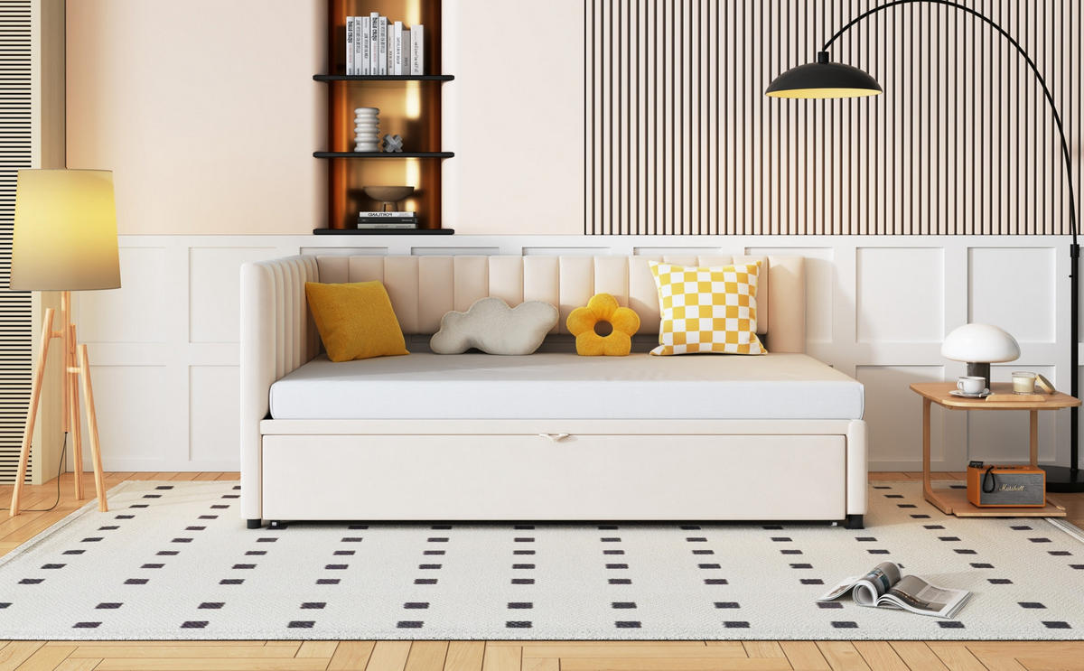 POLSTERBETT 90/200 cm Beige aus Samt mit Ausziehfunktion - Beige, Textil (90/180cm) - OKMYHOME