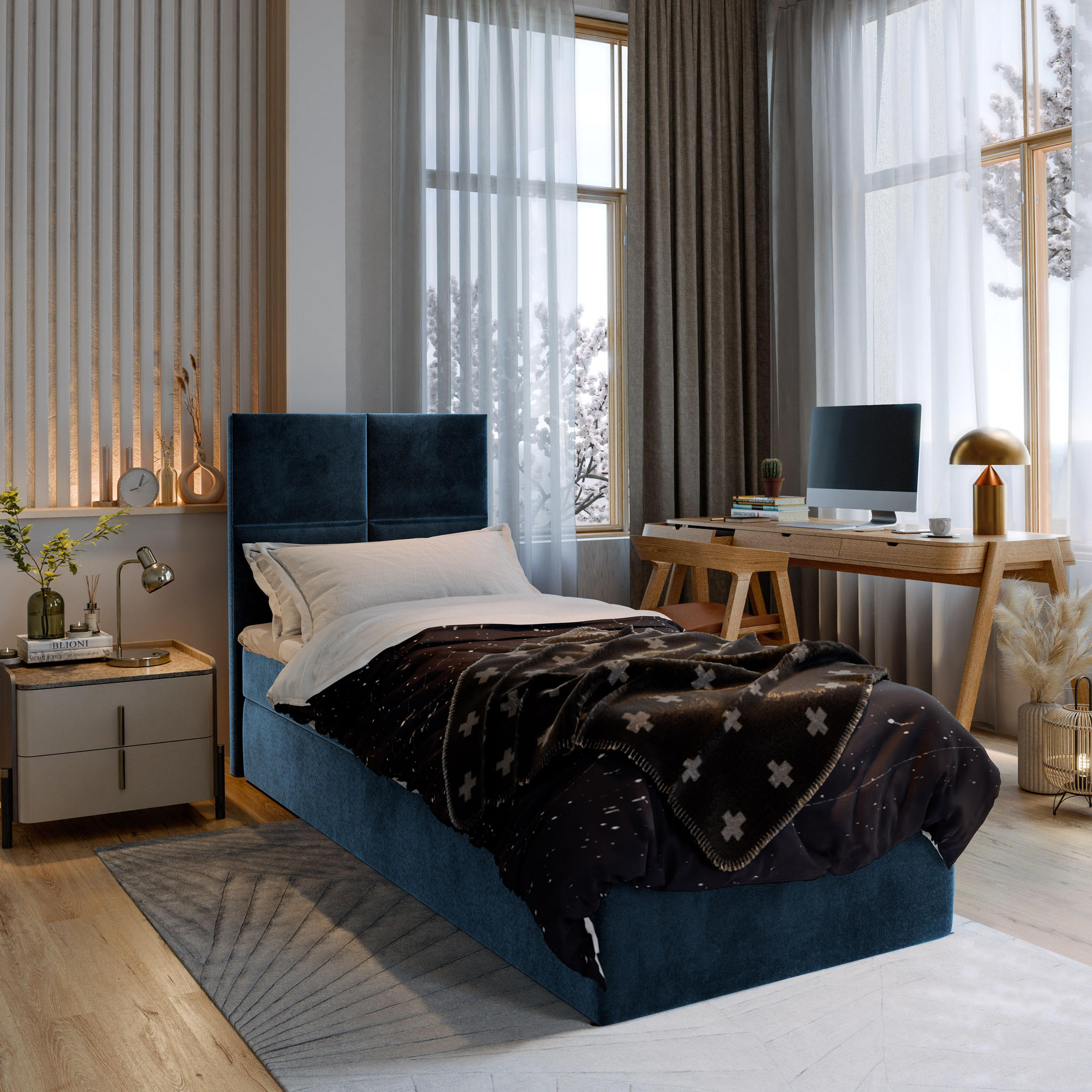 BOXBETT LENA 90 90x200 cm mit Matratze und Topper - Blau - Blau, Holz (90/200cm) - MASSENO