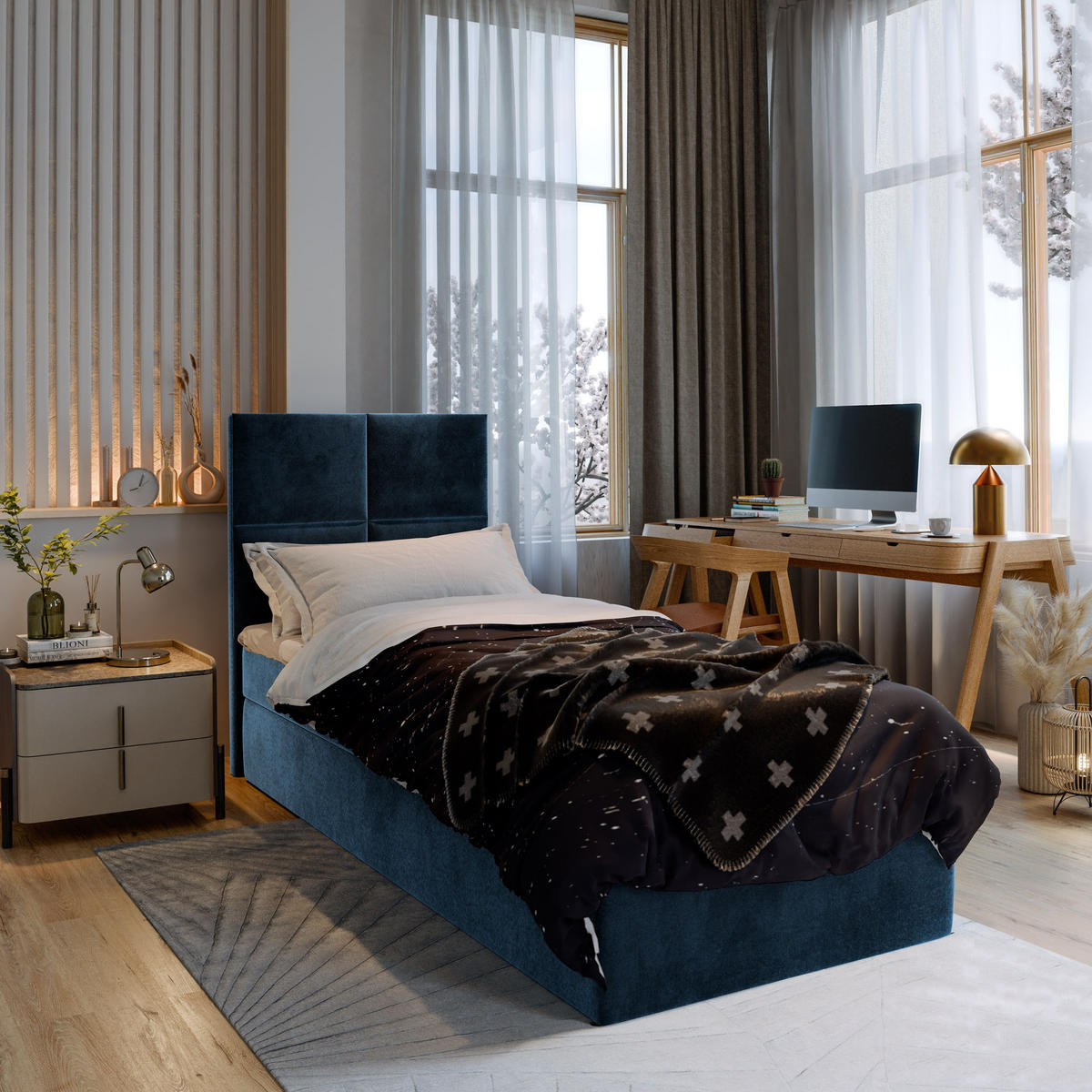BOXBETT LENA 90 90x200 cm mit Matratze und Topper - Blau - Blau, Holz (90/200cm) - MASSENO