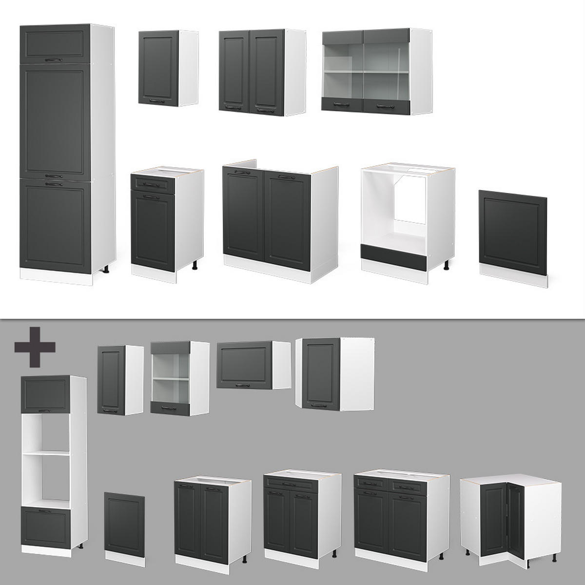 KÜCHENZEILE R-Line Anthrazit Landhaus/Weiß 300 cm ohne AP - Anthrazit/Weiß, Holzwerkstoff (300/81.6/46cm) - Vicco