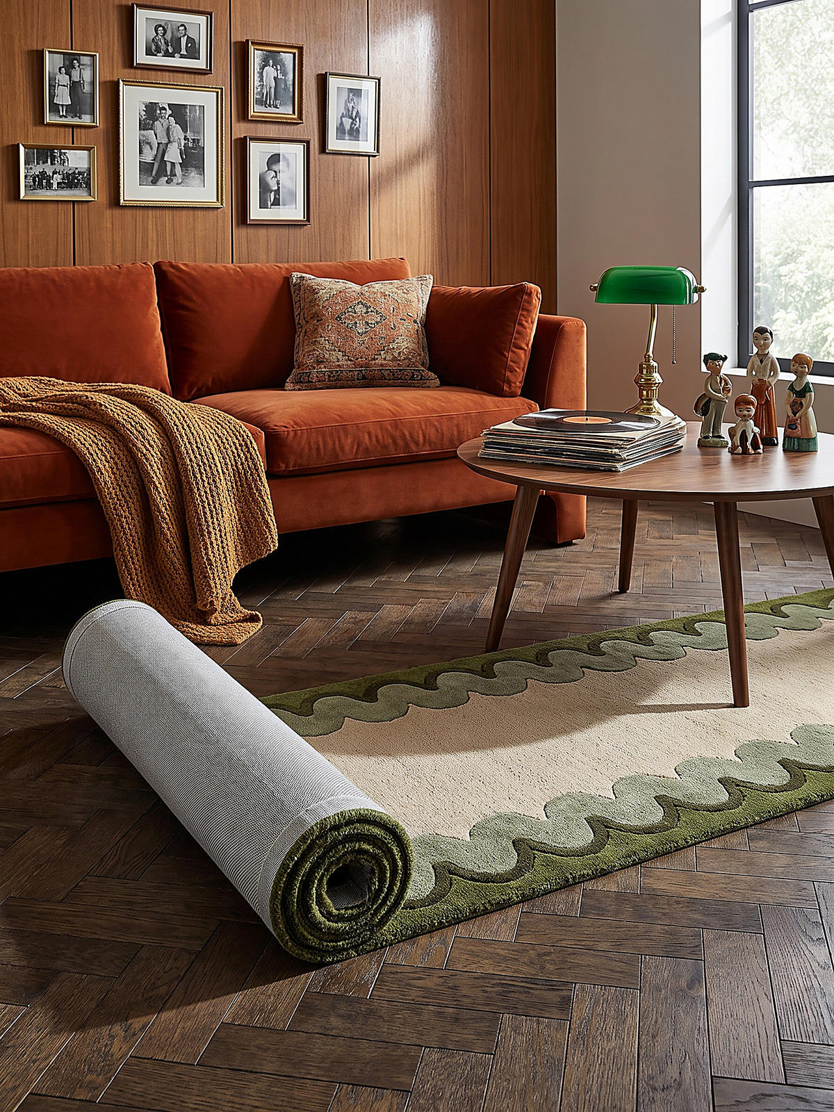 LÄUFER handgetuftet WAVENEY, in Olivgrün, Zickzack-Wellenbordüre, 80 x 230 cm - Grün, Textil (80/230cm) - KADIMA DESIGN