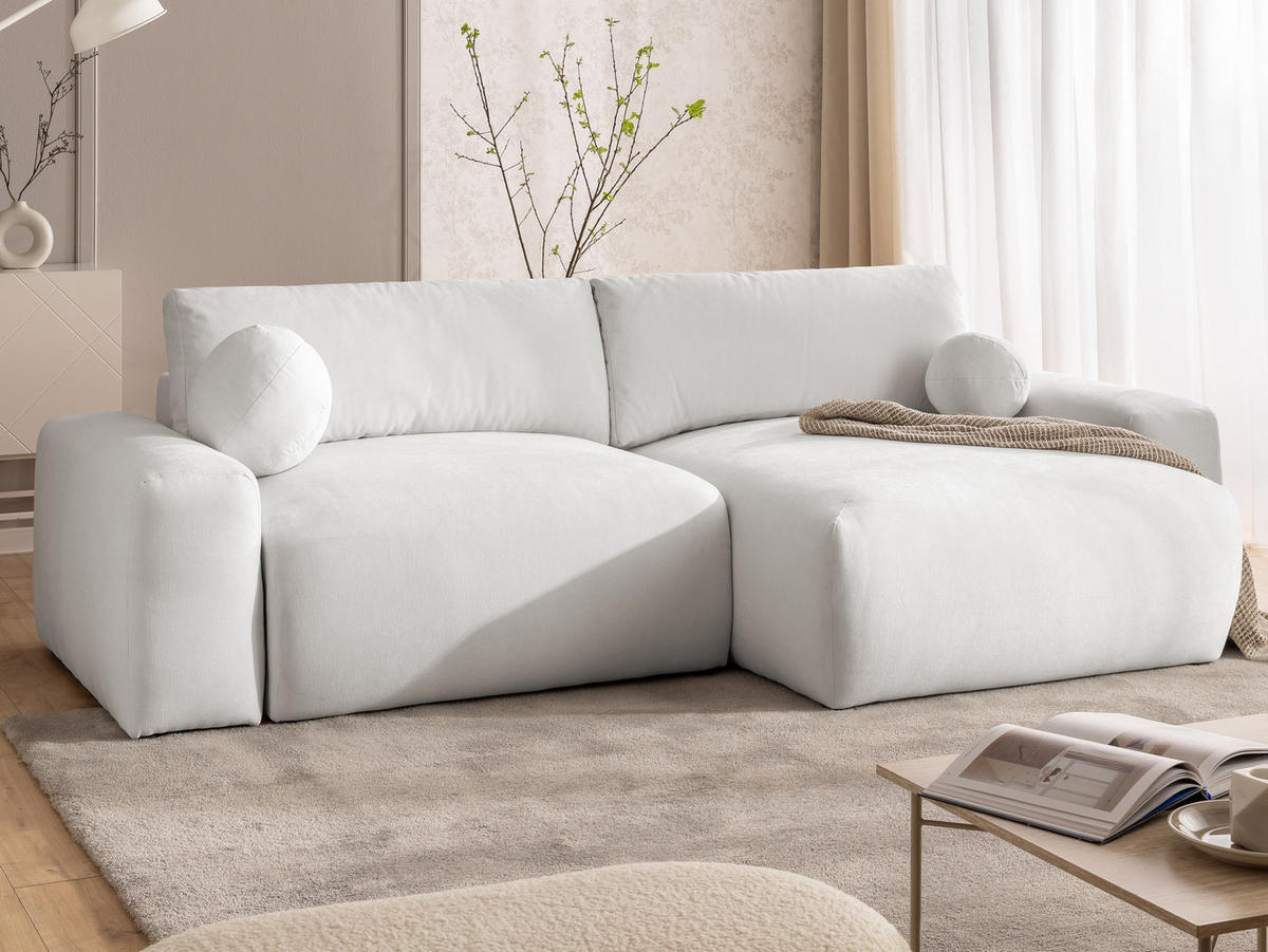 ECKSOFA Puffy mit Schlaffunktion und Bettkasten - besonders weich und puffig aus Creme Webstoff - Ottomane rechts - Creme/Schwarz, Holz/Kunststoff (266/138cm) - S-Style Möbel