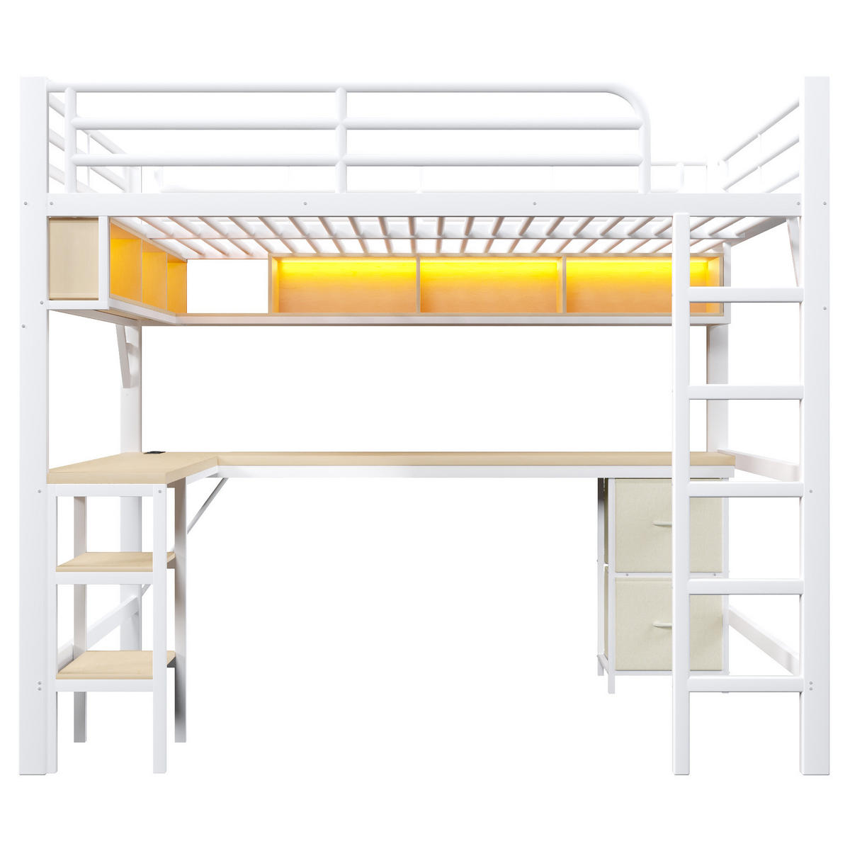 HOCHBETT aus Metall und MDF 140x200 cm Weiß mit Schreibtisch, Regalen, USB-Ladestation und LED-Beleuchtung - Weiß, Holzwerkstoff (140/200cm) - IVMEU