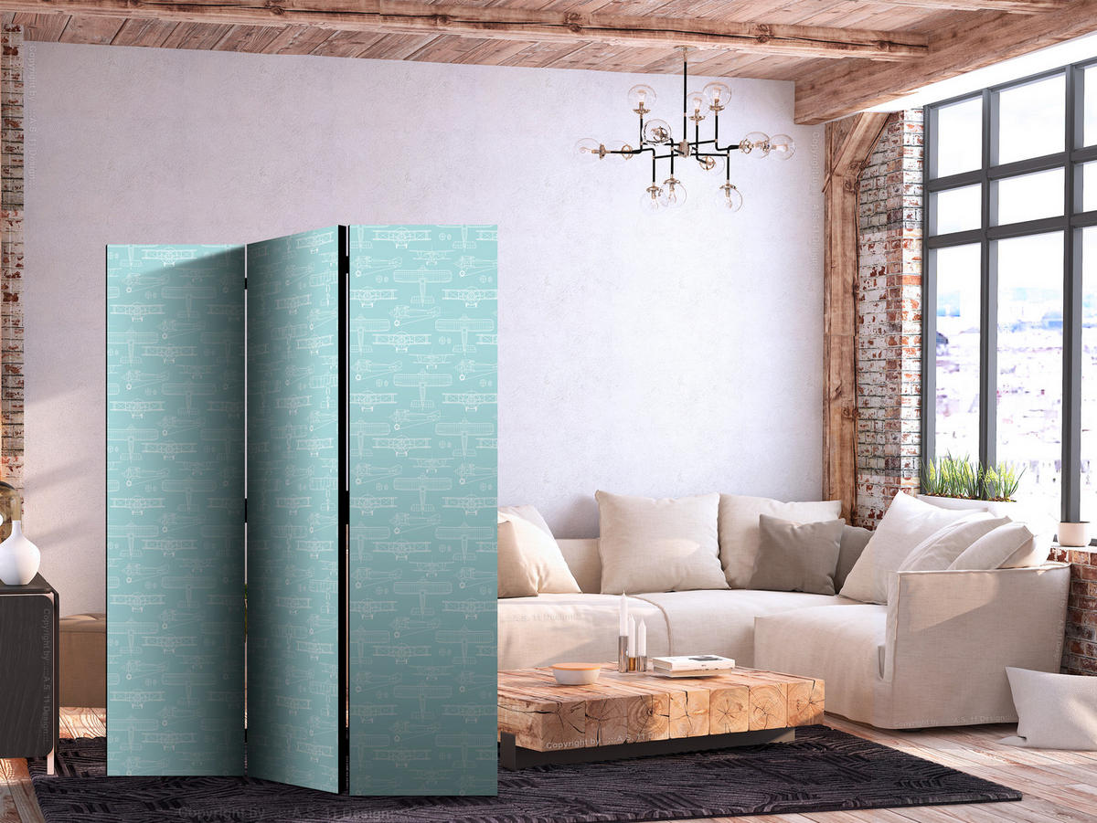 PARAVENT Einseitig Bedruckter 3-tlg 135x172 cm Kleinflugzeuge - Blau, Holz/Textil (135/172/3cm) - Muralo