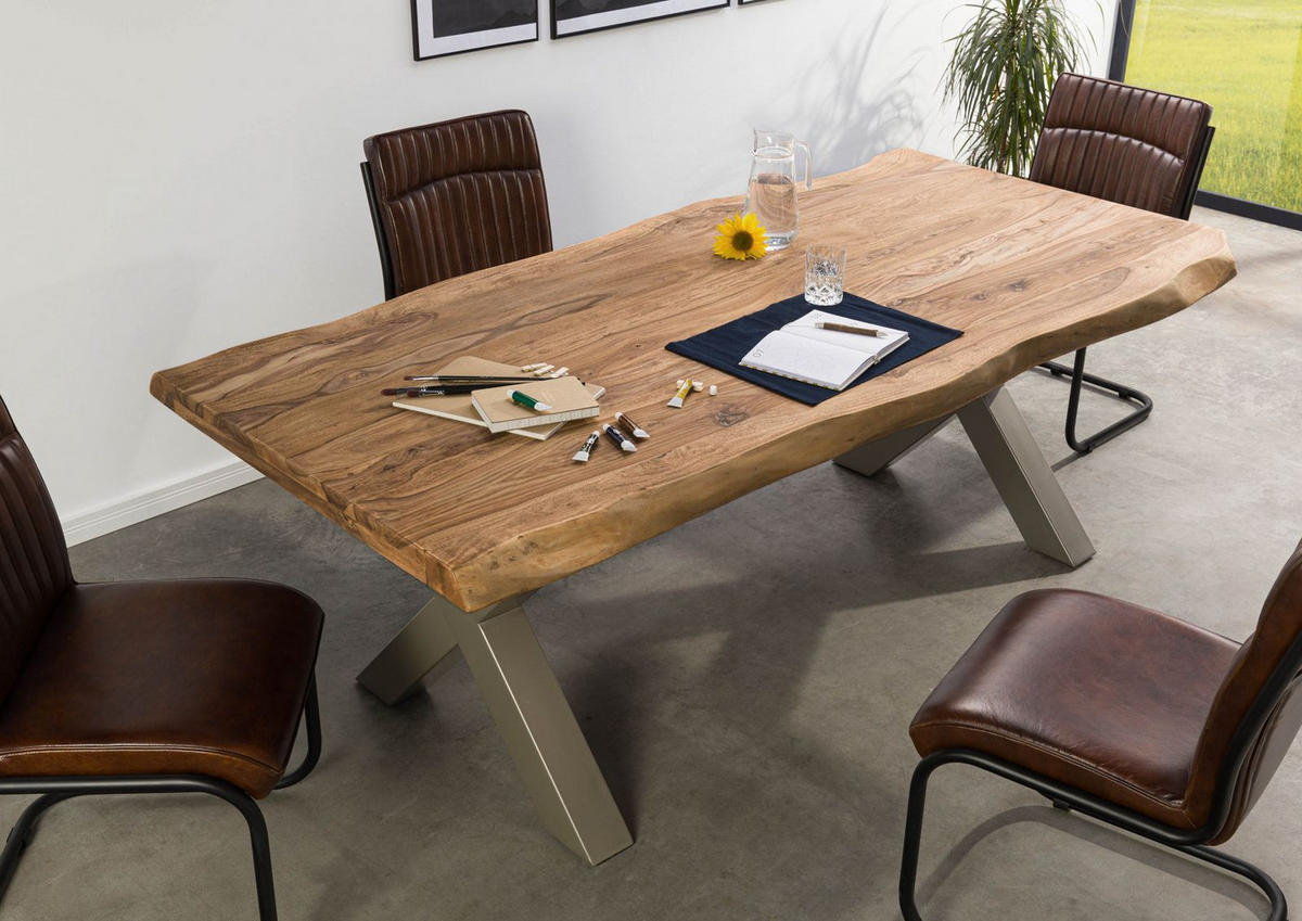 BAUMTISCH Sheesham 240x100x77 natur gebeizt / X-Beine silber matt FREEFORM 5 - Naturfarben, Holz (240/100/77cm) - Massivmoebel24