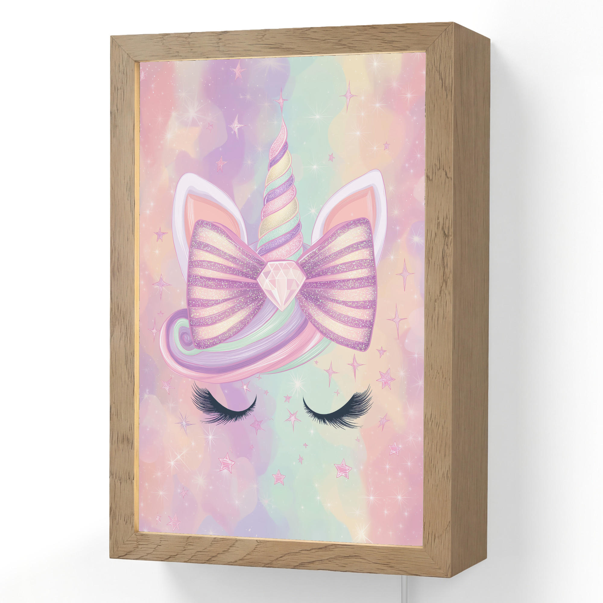 NÁSTĚNNÁ LAMPA Jednorožec - Třpytky - Duha - Pastelové barvy 20x30 cm - světle růžová, kompozitní dřevo (20/30/8cm) - OnlyWow