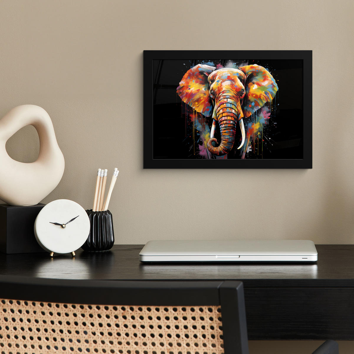 POSTER MIT RAHMEN Elefant - Graffiti - Schwarz - Tiere - Farben 30x20 cm - Schwarz, Papier (30/20cm) - MuchoWow