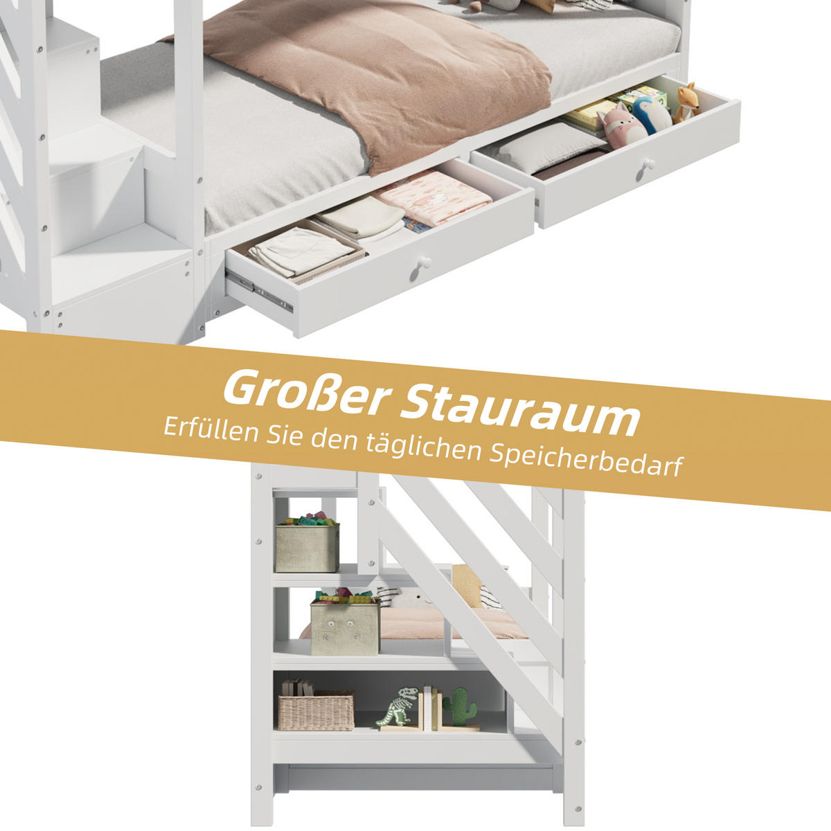 KINDERBETT Etagenbett 90x200 Treppe Schubladen Weiß - Weiß, Holz - FLIEKS