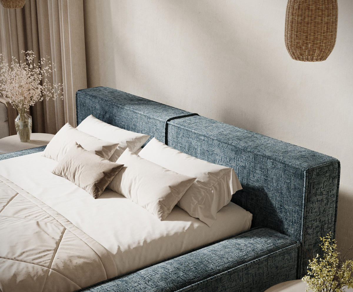 POLSTERBETT Voliera Blau 160/200 cm im Chenille-Stoff - Blau/Birkefarben, Holz/Holzwerkstoff (160/200cm) - Maison de Reve