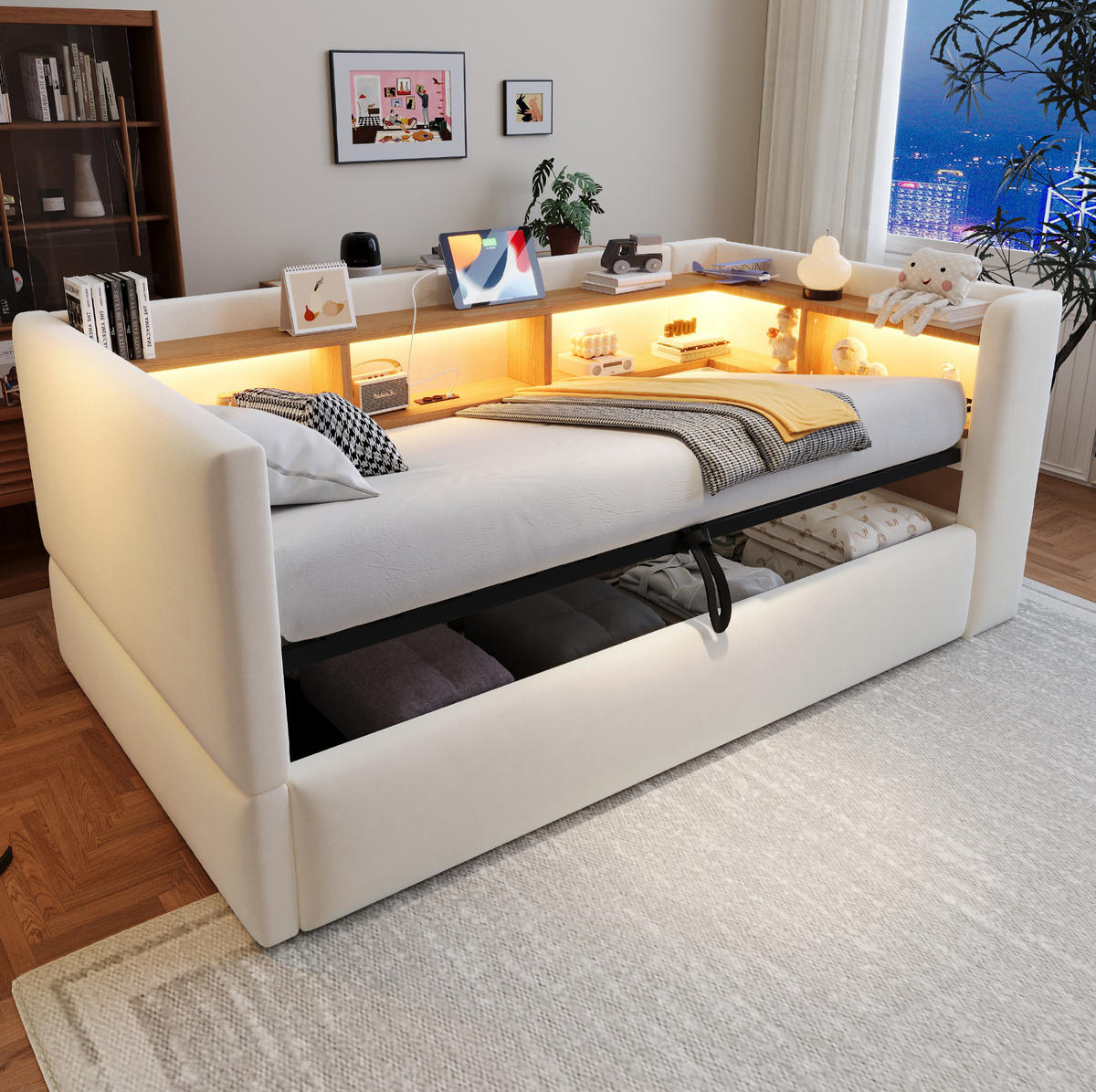 POLSTERBETT 90/190 cm aus Flanell mit LED-Beleuchtung und Steckdosen, Beige - Beige, Textil (90/190cm) - OKMYHOME