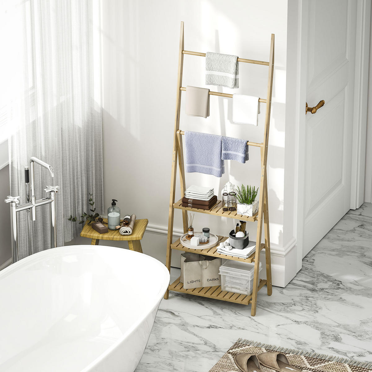 BADREGAL, Badezimmerregal mit 3 Ebenen, Aufbewahrungsregal aus Bambus A-Form - Naturfarben, Holz/Bambusholz (30/153/53.5cm) - HOMCOM