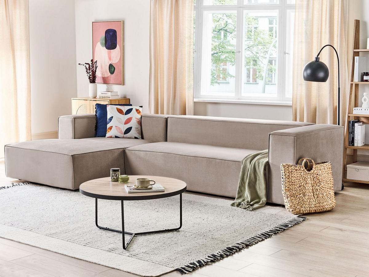 3-SITZER-ECKSOFA Samtstoff taupe linksseitig Vernon - Taupe, Textil (330/178cm) - Beliani
