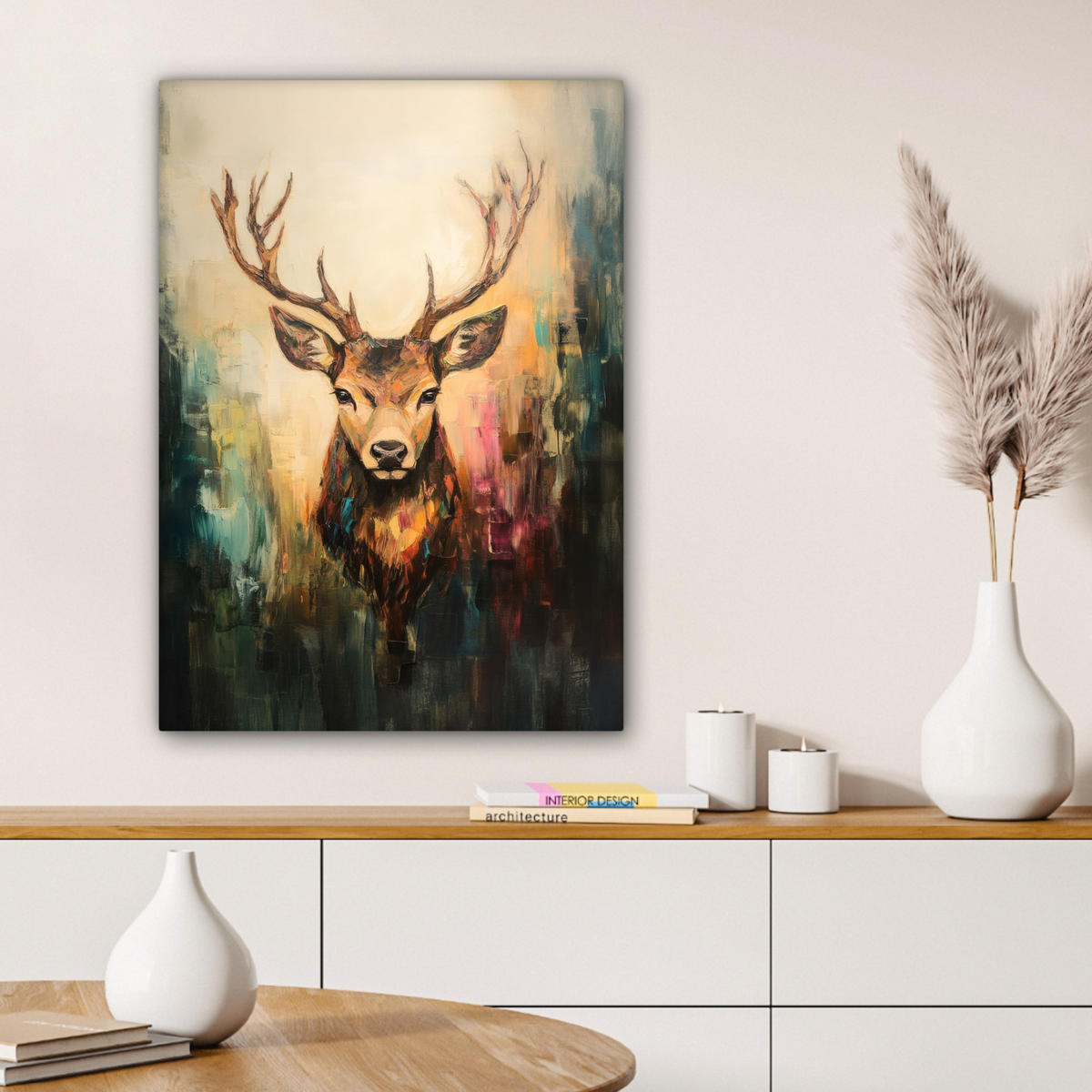 LEINWANDBILD Hirsch - Gemalt - Geweih - Braun 60x80 cm - Haselnussfarben, Textil (60/80cm) - MuchoWow