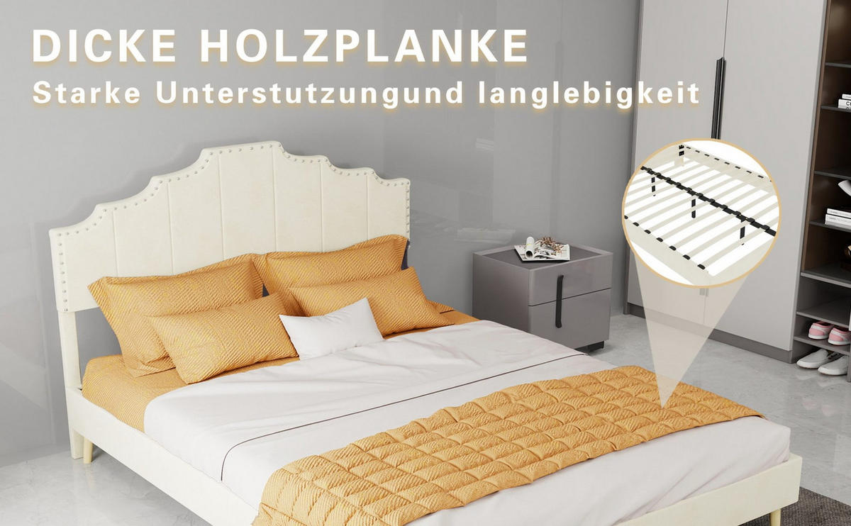 OBLAZINJENA postelja 140/200 cm s poudarjenim vzglavjem in letvenim dnom, Bež - bež, tekstil (140/200cm) - Redom