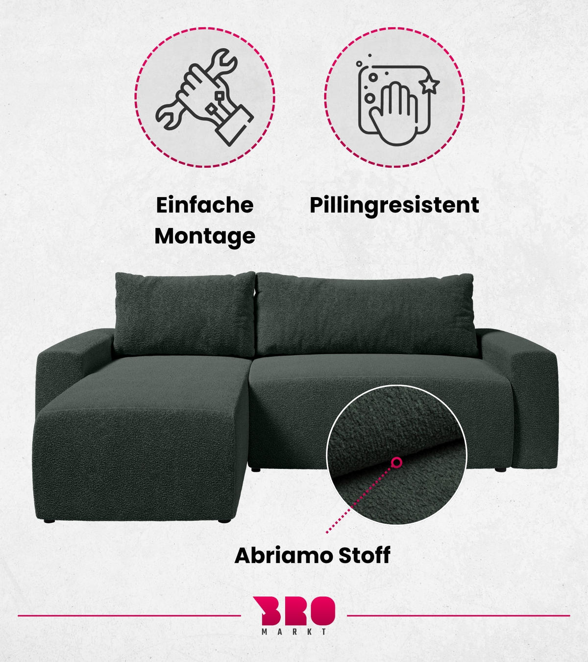 ECKSOFA PLUSH mit Schlaffunktion Dunkelgrün Boucle - Dunkelgrün, Textil (240/145cm) - Bromarkt