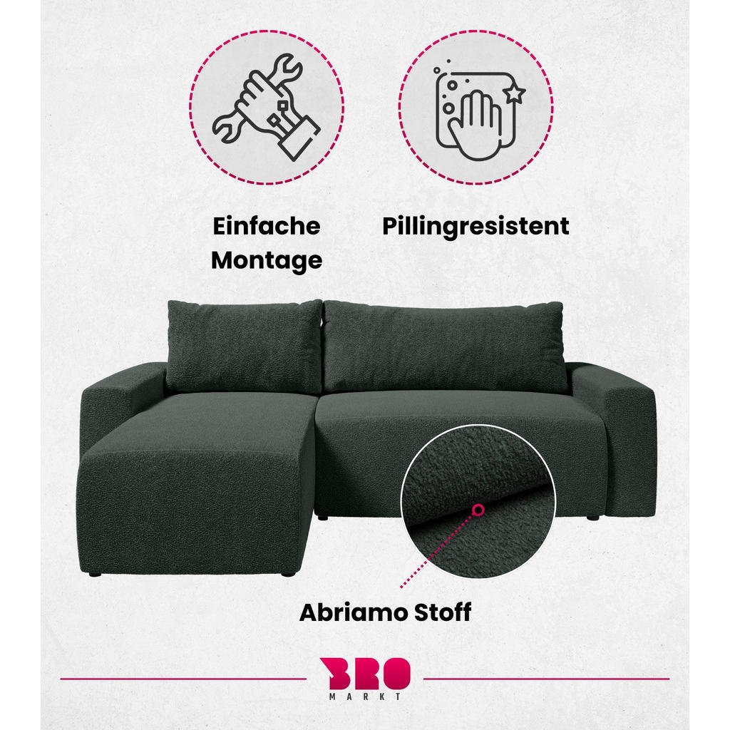 Thumbnail - Bromarkt Ecksofa, Dunkelgrün, Textil, 3-Sitzer, Füllung: Federn, L-Form,L-Form, 240x145 cm, Wohnzimmer, Sofas & Couches,...