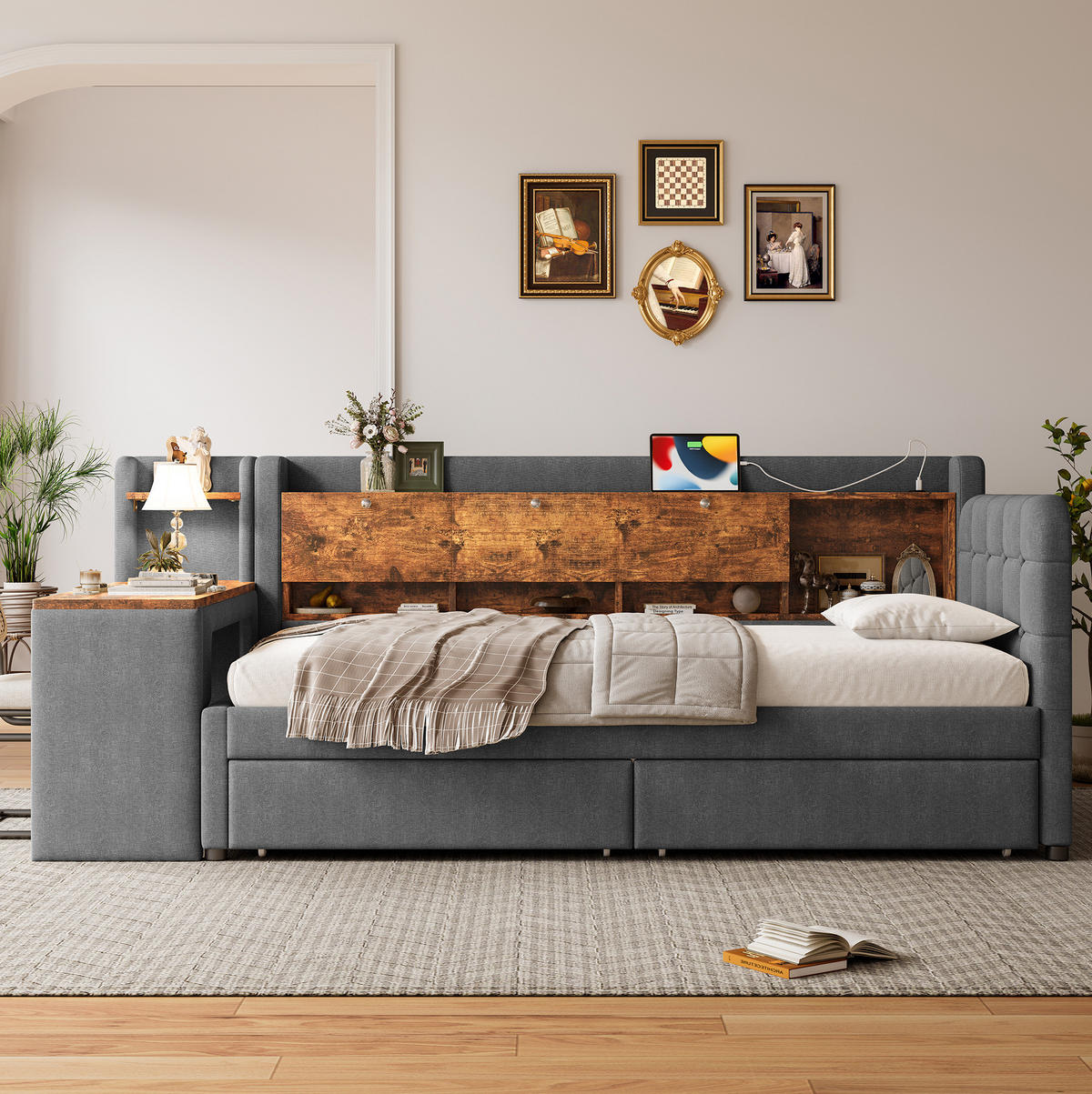 POLSTERBETT 90/200 cm Grau aus Leinen mit Schreibtisch und 2 Schubladen - Grau, Textil (90/200cm) - OKMYHOME